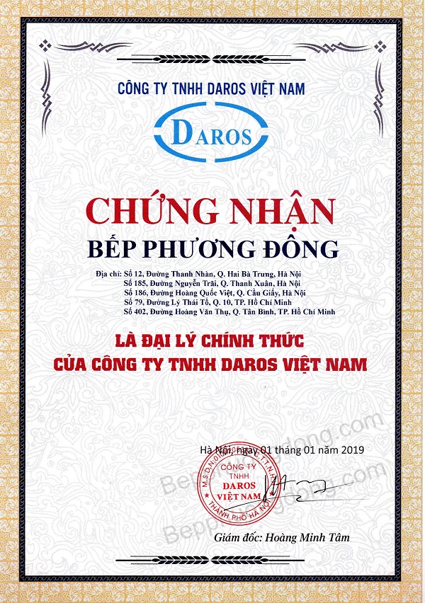 Chứng nhận đại lý máy xông hơi Daros 