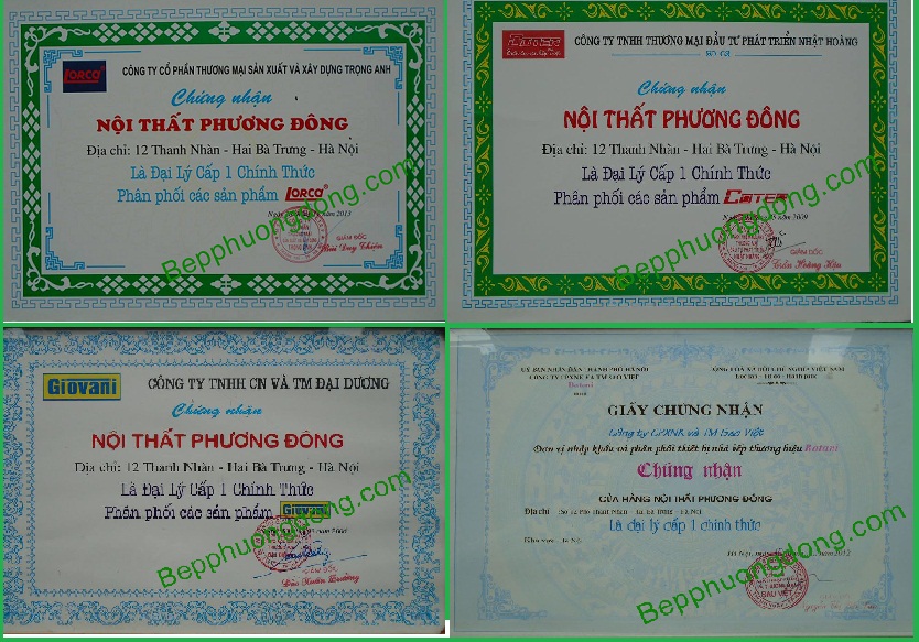 Chứng nhận đại lý cấp 1 Bếp Phương Đông 