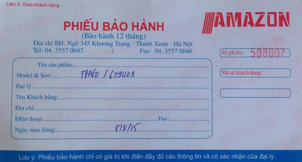 phiếu bảo hành amazon